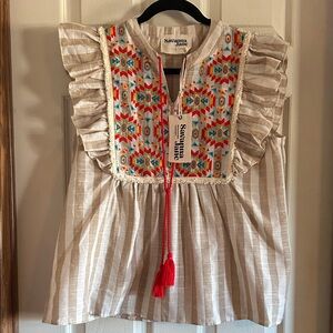 NWT Savanna Jane Beige Striped Top with Colorful Embroidery Lg